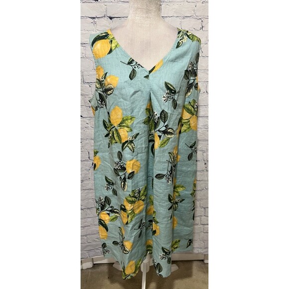 J. Jill LOVE LINEN dress with lemons sleeveless POPOVER SHIFT with pockets Large - Picture 4 of 12
